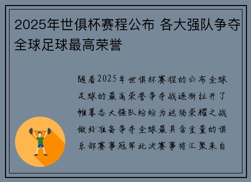 2025年世俱杯赛程公布 各大强队争夺全球足球最高荣誉