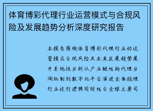 体育博彩代理行业运营模式与合规风险及发展趋势分析深度研究报告
